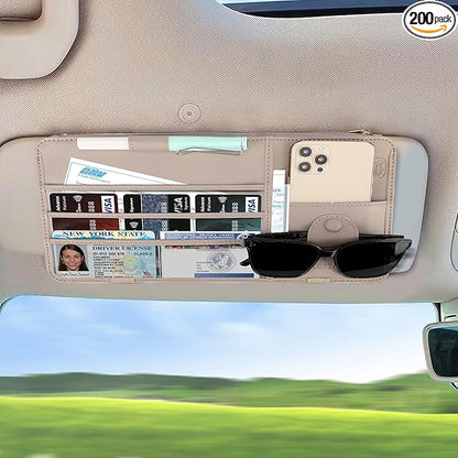 Leather Car Sun Visor Organizer for Cars, Trucks & SUVs: Features Sunglasses Holder, Secure Zipper Pockets, and 6 Clear Windows for Registration, Driver's License, and Insurance Card（Grey）