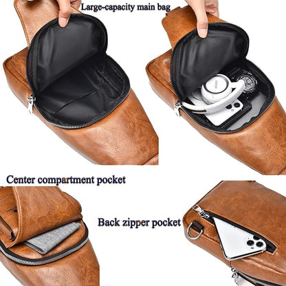 ANPTER Sling Bag for Men Crossbody Chest Bag,PU leather Over the Shoulder Purse Cross Body Sling Backpack for Travel