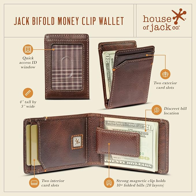 House of Jack Co. Jack Bifold Magnetic Money Clip Wallet for Men, Slim Front Pocket Wallet with Strong Interior Magnetic Clip, ID Window, Full Grain Cowhide, Brown