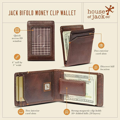 House of Jack Co. Jack Bifold Magnetic Money Clip Wallet for Men, Slim Front Pocket Wallet with Strong Interior Magnetic Clip, ID Window, Full Grain Cowhide, Brown