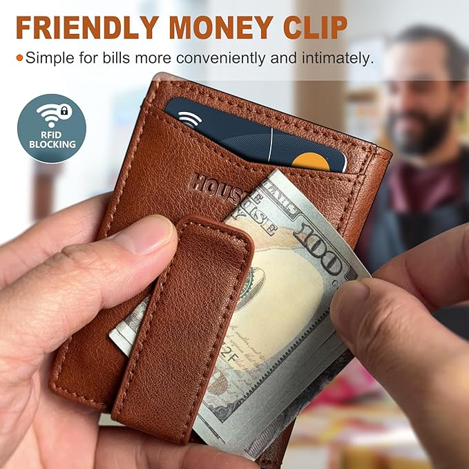 Magnetic Closure Slim Wallet with Money Clip Gift Boxed,Genuine Leather Front Pocket Wallet for Men, 3.9"x 2.10", RFID Blocking