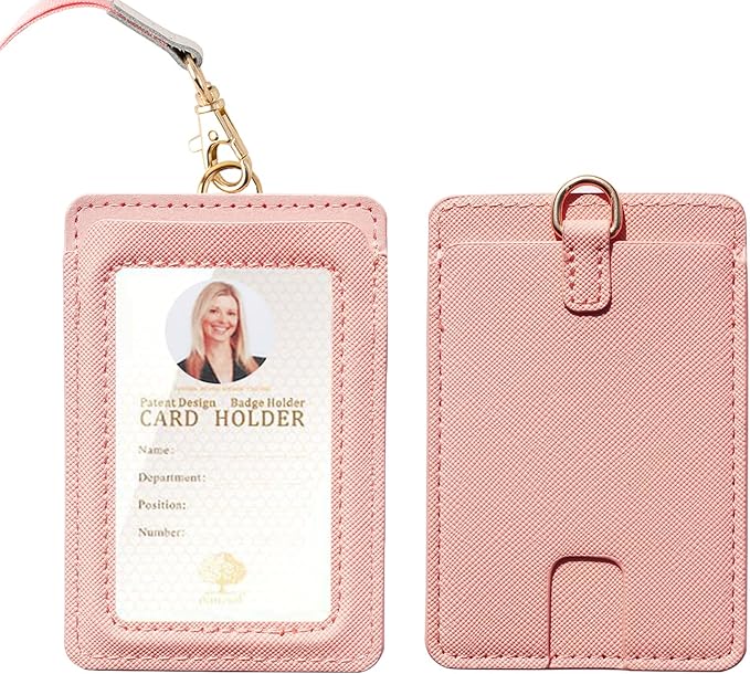 Badge Holder with Lanyard,Leather ID Card Holder,Vertical Lanyard ID Card Holder for Work Office (Pink-Slim)