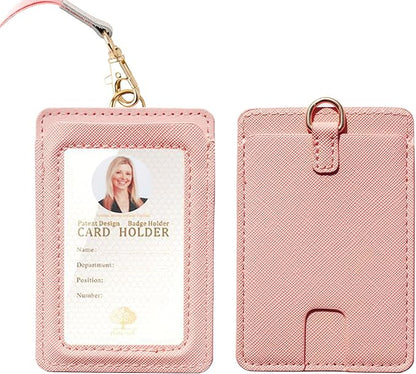 Badge Holder with Lanyard,Leather ID Card Holder,Vertical Lanyard ID Card Holder for Work Office (Pink-Slim)