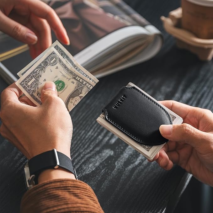 VULKIT Luxury Money Clip Genuine Leather Magnetic Closure Streamline Design Money Clip Wallet, Holds Up to 20 Bills