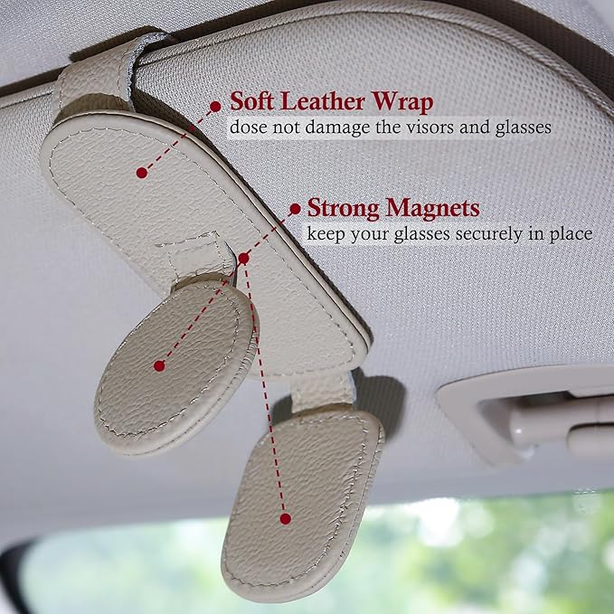 KIWEN 2 Pack Sunglasses Holder for Car Visor, Magnetic Leather Sunglass Eyeglass Hanger Clip for Car Sun Visor Accessories (2, Beige)