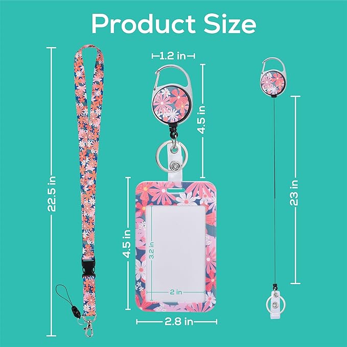Will Well ID Badge Holder with Retractable Lanyard, Retractable Badge Reel Nylon Lanyard & Vertical ID Card Holder with 1 Card Slot Key Chain for Men & Women - Floral Print