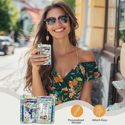 Yonlevres Credit Card Holder Slim Wallet, Hummingbird RFID Wallet Women Front Pocket Small Card Holder, Travel Funny Cute Thin Card Case ID Window PU Leather RFID Blocking Card Organizer Gifts Girls