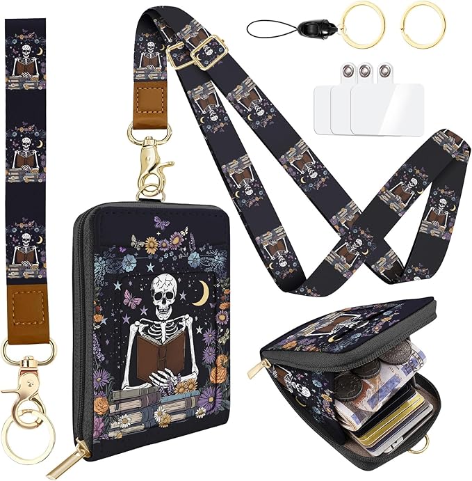Skeleton Lanyard Wallet with ID Badge Holder PU Leather with 1 Zip Pocket and 3 Card Slots Keychain Phone Lanyard Wrist Strap, RFID Blocking, for Office School Business Security Staff