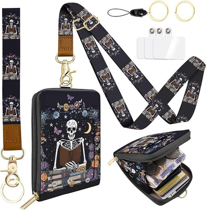Skeleton Lanyard Wallet with ID Badge Holder PU Leather with 1 Zip Pocket and 3 Card Slots Keychain Phone Lanyard Wrist Strap, RFID Blocking, for Office School Business Security Staff