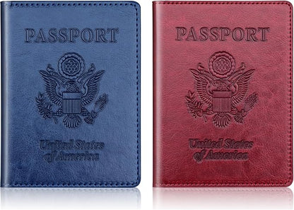 Herain Passport Holder 2Pcs, Passport Cover Wallet Case for Women Men Family, Passports Book Holders Travel Must Haves Cruise Ship Essentials (Dark Blue & Wine red)
