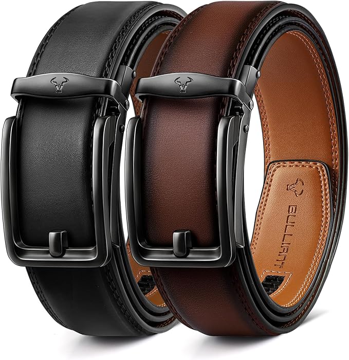 BULLIANT Men Ratchet Belt 2 Pack, Click Sliding Leather Belt Adjustable for Gift Men Dress Casual Jeans 1 3/8,Cut for Fit