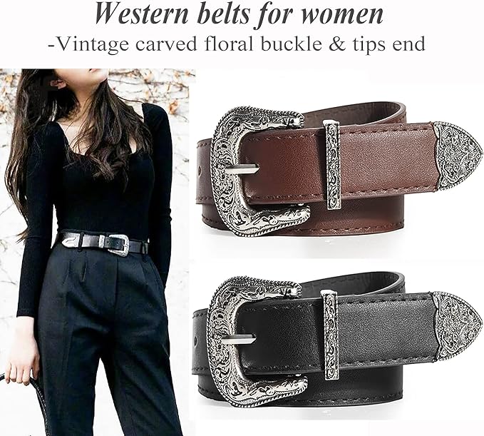 INOGIH Adjustable-Vintage-Western-Cowboy-Belt Women Men - Cowboy-Style Engraved-Buckle Belt for Jeans Pants Dresses