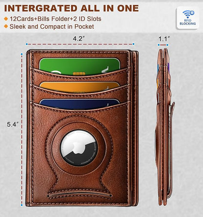BULLIANT Men Airtag Wallet,Slim Wallet Money Clip Card Holder Magnetic Closure 12 Cards in Front Pocket RFID Blocking