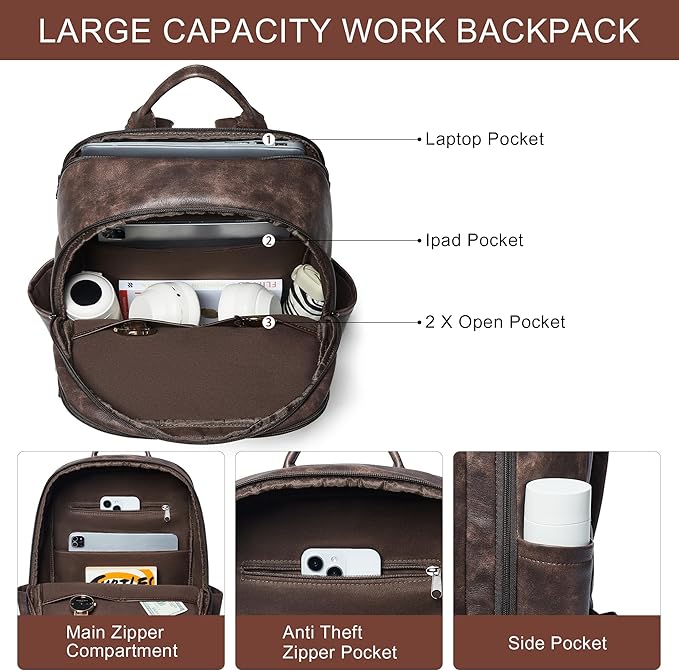 Travel Backpack for Women and Men, Fits 17.0" Laptop, Stylish Lay-Flat Carry-on Vegan Leather Backpack with Luggage Strap for Travel and Daily Use