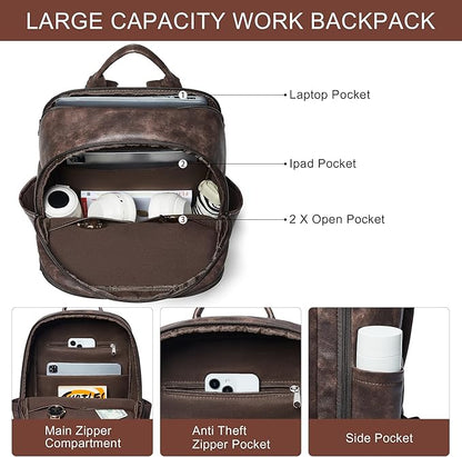 Travel Backpack for Women and Men, Fits 17.0" Laptop, Stylish Lay-Flat Carry-on Vegan Leather Backpack with Luggage Strap for Travel and Daily Use