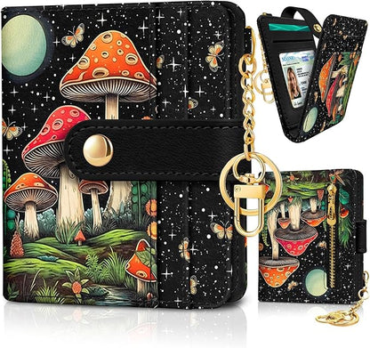 Jogjam Mushroom Rfid Women Wallet, Small Slim Thin Credit Card Wallet, PU Leather Bifold Cash Zipper Coin Pocket ID Window for Female Ladies Teen Girls Girly