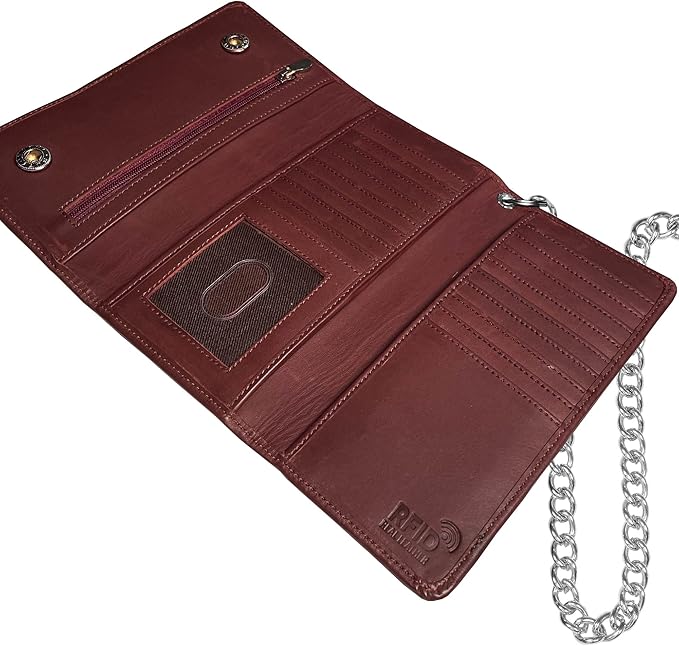 IBRO VINTAGE Motorcycle Chain Wallet for Men – Premium Cowhide Leather, RFID Tri-Fold Biker Wallet with Heavy Duty Chain for Bikers Truckers & Hunters, Credit Card Money Organizer Long Wallet | Long Trifold, RFID Blocking, Men's, Trucker Biker