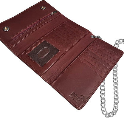 IBRO VINTAGE Motorcycle Chain Wallet for Men – Premium Cowhide Leather, RFID Tri-Fold Biker Wallet with Heavy Duty Chain for Bikers Truckers & Hunters, Credit Card Money Organizer Long Wallet | Long Trifold, RFID Blocking, Men's, Trucker Biker