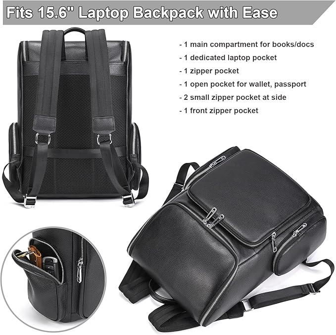 Genuine Leather Black Backpack - 15.6 Inch Business Laptop Backpack for Men & Women, Multi-Compartment Ergonomic Shoulder Bag for Office, Travel