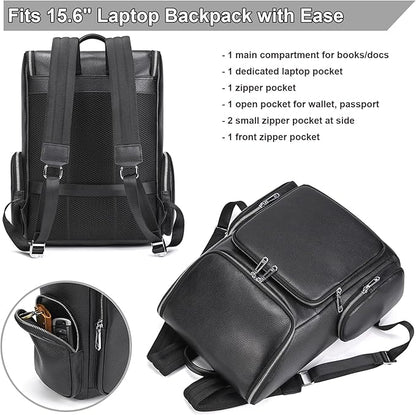 Genuine Leather Black Backpack - 15.6 Inch Business Laptop Backpack for Men & Women, Multi-Compartment Ergonomic Shoulder Bag for Office, Travel