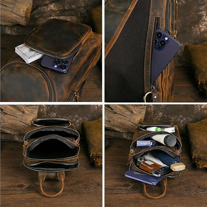 Thick Crazy horse Leather Triangle Crossbody Sling Chest Bag Travel One Shoulder Bag Daypack For Men Male 3028