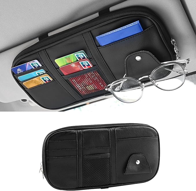 Car Sun Visor Organizer, Multi-Pocket PU Leather Sunglass Holder and Storage Pocket with Net Zipper, Card Sleeve Pocket Organizer, Auto Interior Accessories for Vehicle, Truck, SUV (Black)