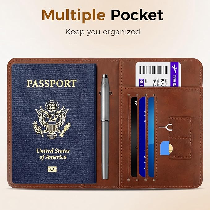 Passport Holder for Travel Women Men - Passport Cover Wallet with Airtag Slot - RFID Blocking PU Leather Passport Holder Case with Card Holder, Pen Slot - Brown