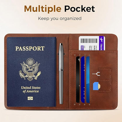 Passport Holder for Travel Women Men - Passport Cover Wallet with Airtag Slot - RFID Blocking PU Leather Passport Holder Case with Card Holder, Pen Slot - Brown