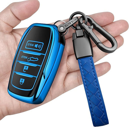 Sindeda for Toyota Key Fob Cover with Metal Keychain & Leather Strap for 2025-2026 Camry 4 Runner 2019-2026 Venza, Land Cruiser,2023-2026 Tacoma Grand Highlander,Corolla,bZ4X,4-5 Buttons(Blue)
