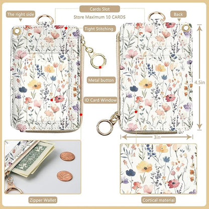 bolimoss 2-in-1 ID Badge Holder & Lanyard Wallet, Cute Florals Leather ID Badge Wallet for Teacher, 5 Card Slots Side Zipper Pocket Detachable Neck Wrist Lanyard for Key (Watercolor Flower)