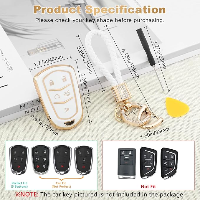 PIFOOG Key Fob Cover Fit for Cadillac XT5 XT6 XT4 CTS CT6 ATS SRX XTS 5 Buttons White Gold Car Keys Case Shell Bling Keychain Full Protector Covers Accessories Girly Women Cute Soft TPU
