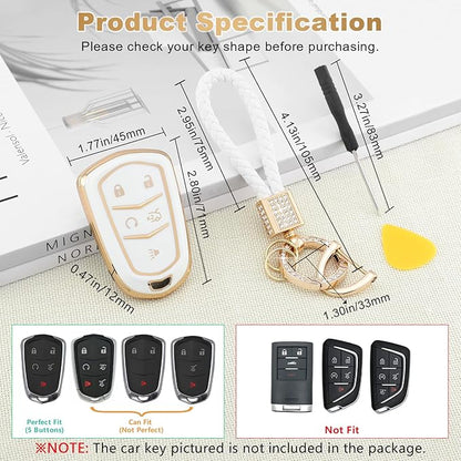 PIFOOG Key Fob Cover Fit for Cadillac XT5 XT6 XT4 CTS CT6 ATS SRX XTS 5 Buttons White Gold Car Keys Case Shell Bling Keychain Full Protector Covers Accessories Girly Women Cute Soft TPU