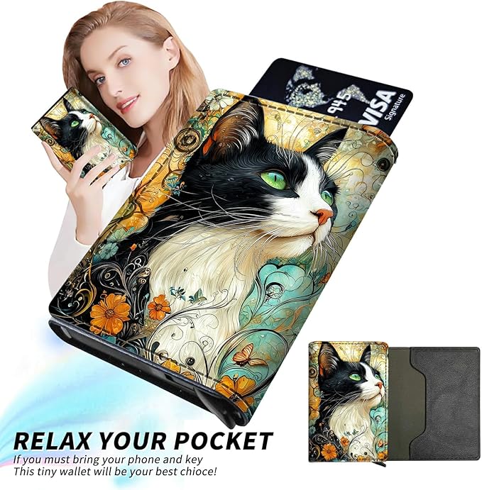 Minimalist Wallet for Men's Card Holders, Pop-Up Card Case Durable Wallets for Women, Leather Automatic Credit Card Holder with Metal Money Clip RFID Blocking Bifold Pocket, Black White Cat
