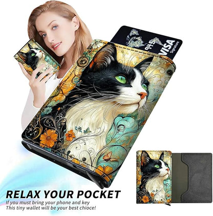 Minimalist Wallet for Men's Card Holders, Pop-Up Card Case Durable Wallets for Women, Leather Automatic Credit Card Holder with Metal Money Clip RFID Blocking Bifold Pocket, Black White Cat