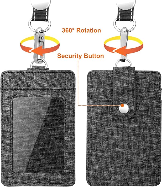 Life-Mate Badge Holder - Leather ID Card Holder Wallet Case with 3 Cards Slot and Neck Lanyard/Strap. Additional Retractable Badge Reel with Belt Clip (Black, Linen Finish)