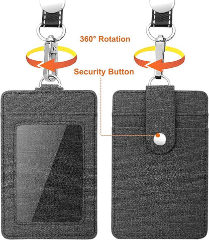 Life-Mate Badge Holder - Leather ID Card Holder Wallet Case with 3 Cards Slot and Neck Lanyard/Strap. Additional Retractable Badge Reel with Belt Clip (Black, Linen Finish)