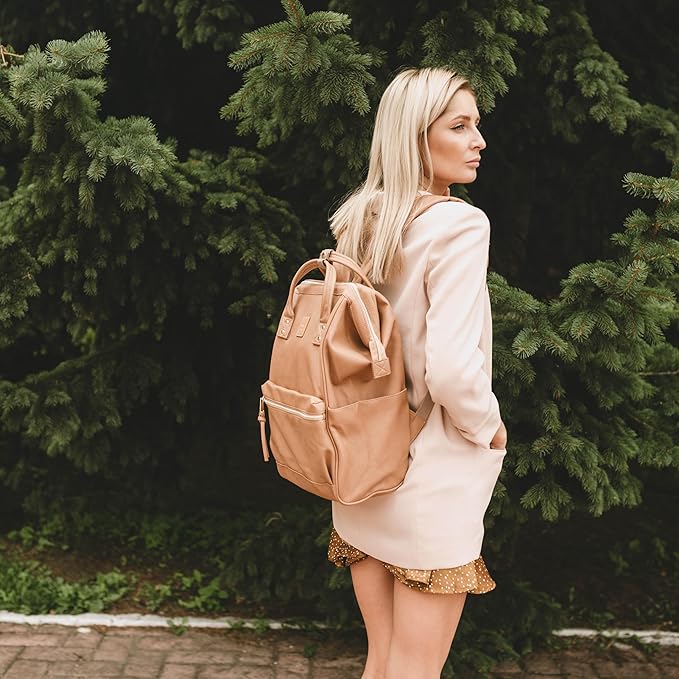 Kah&Kee Leather Laptop Backpack for Women, 14-15 Inch Professional Work Bag, Water-Resistant Vegan Leather Doctor Bag Backpack for Teacher, Nurse & Travel, Fits MacBook Air 15 (Tan Pink,Medium)