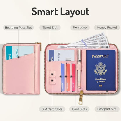 Forvencer Passport Holder Cover with Safe Zipper Closure, Premium Passport Wallet for Travel, Cute RFID Blocking Card Case, Waterproof Travel Accessories for Women, Hot Pink