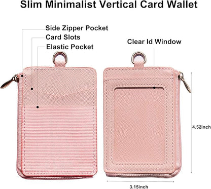 2-in-1 ID Badge Holder & Elastic Card Holder Wallet,Minimalist Men & Women Zip Card Holder Wallet with Neck Lanyard,3 Card Slots and 1 Side Zipper Pocket (Pink-A)