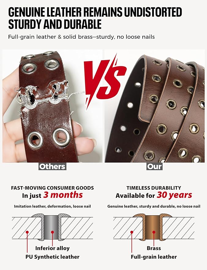 1.5" Double Hole Full Grain Leather Belt - Vintage Distressed Casual Belt for Men Women with Double Prong Buckle