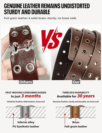 1.5" Double Hole Full Grain Leather Belt - Vintage Distressed Casual Belt for Men Women with Double Prong Buckle