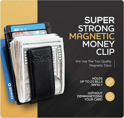 Claasico Men’s Leather Money Clip Wallet – Slim Front Pocket Wallet w/Super Strong Magnetic Clip, RFID Blocking, 5 Card Slots & Center Pocket + ID Window
