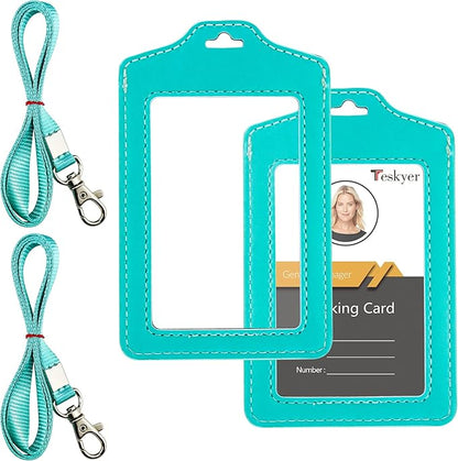 Teskyer 2 Pack of Double Sided Clear Badge Holder with Lanyard, PU Leather ID Badge Name Card Holder with Stainless Steel J-Hook Nylon Lanyard for Work ID, School ID, Metro Card, Access Card, Cyan