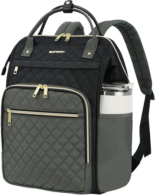 EMPSIGN 17 Inch Laptop Backpack for Women, Work Business Travel Computer College Bags, Large Capacity Water-repellent Quilted Casual Daypack, Black-Army Green