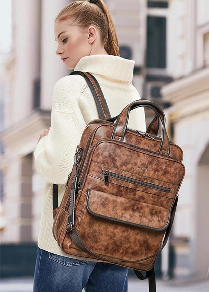 Shrrie Laptop Backpack for Women and Men, 15.6 Inch Vegan Leather Computer Backpack Professional Water-Resistant Casual Daypack for Work Business College Travel Office,Two-toned Brown