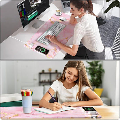 Pink Marble Mouse Pad with 15W Wireless Charging, 31.5"x15.8" Large Gaming Desk Pad/Mat for Women Girls, Waterproof Ultra-Smooth Surface, Non-Slip Base