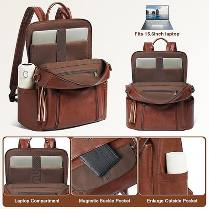 Shrrie Laptop Backpack for Women 15.6 inch,Travel Leather Backpack Purse Nurse Teacher Carry on Backpack Computer Bag,Professional Water-Resistant College Business Work Casual Daypack,Chocolate Brown