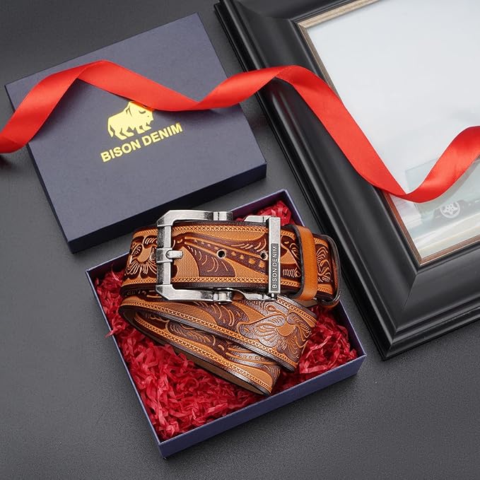 BISON DENIM Men's Genuine Leather Casual Belt, Classic Western Cowboy Dress Belts