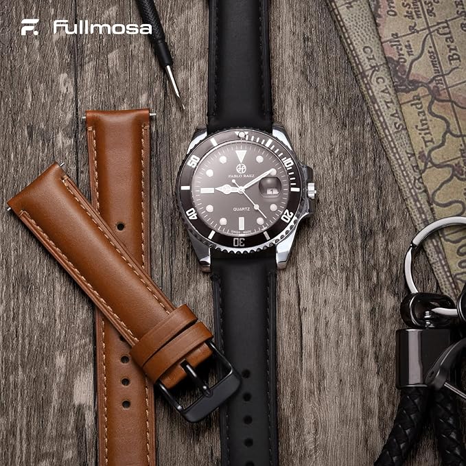 Fullmosa 18mm 20mm 22mm 24mm Leather Watch Bands, 2 Pack Soft Quick Release Watch Strap Compatible with Garmin Vivoactive 5/6/4/3, Venu 4/3S/2S, Samsung Galaxy Fossil Amazfit for Men Women,20mm Toffee Brown&Black/Black&Silver