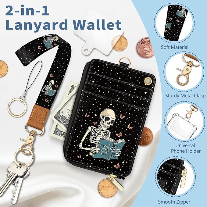 Lanyard Wallet with Id Badge Holder, Skeleton Book RFID Small Keychain Wallet Women Wristlet, Cute Zipper Credit Card Holder Phone Wrist Neck Strap for Key Name Tag, Teacher Student Office